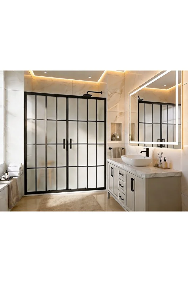 Ön Cephe Siyah Çizgi Karolaj Desenli Komple Buzlu Temperli Duşakabin